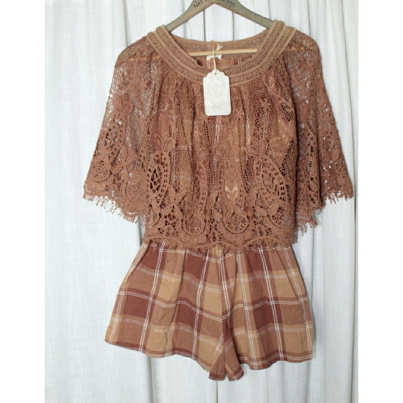 Hyaku Pants - Hyaku Brown Gingham Romper With Lace Overlay